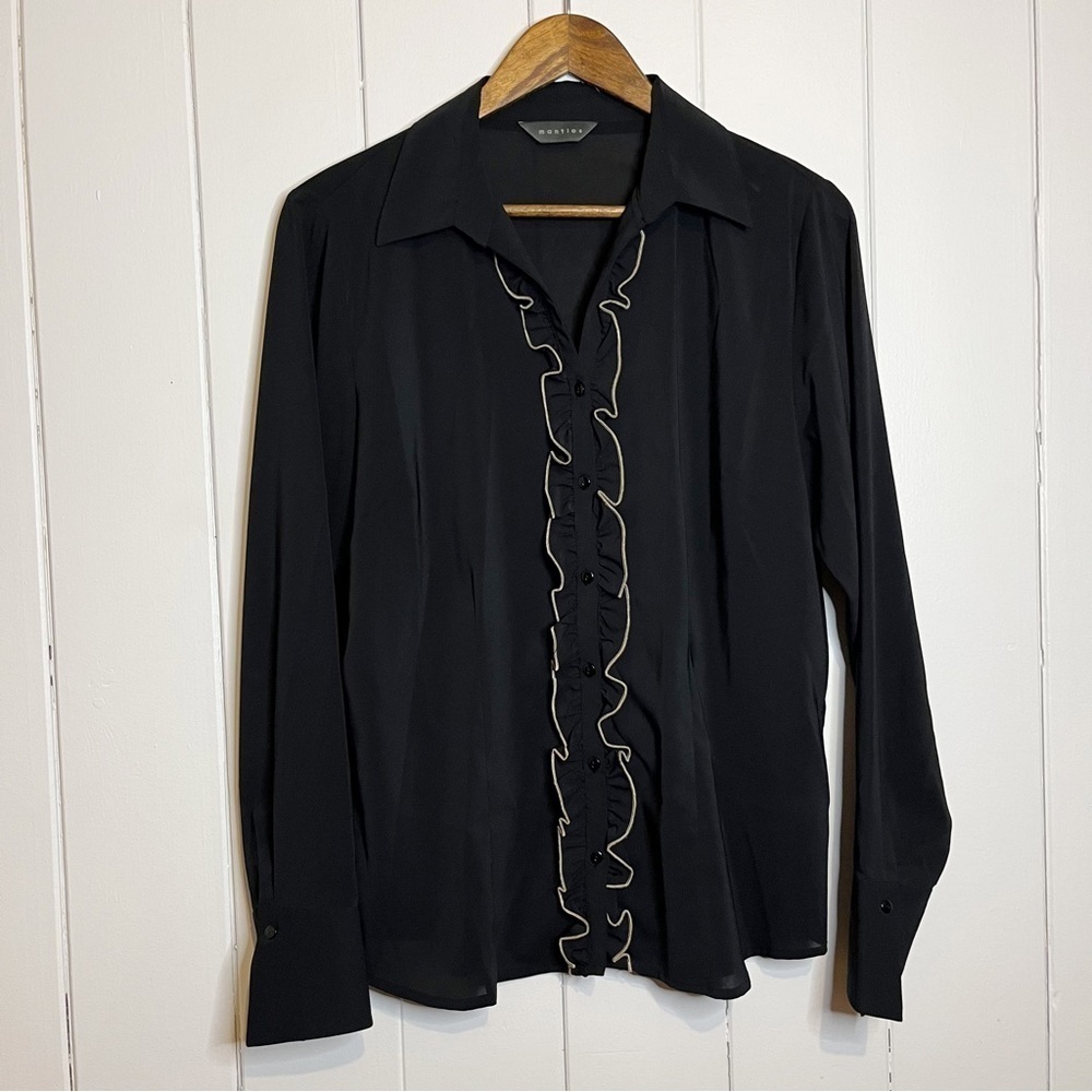 Vintage Mantles Sheer Black Frill Detailed Button Down Shirt. Size 12.